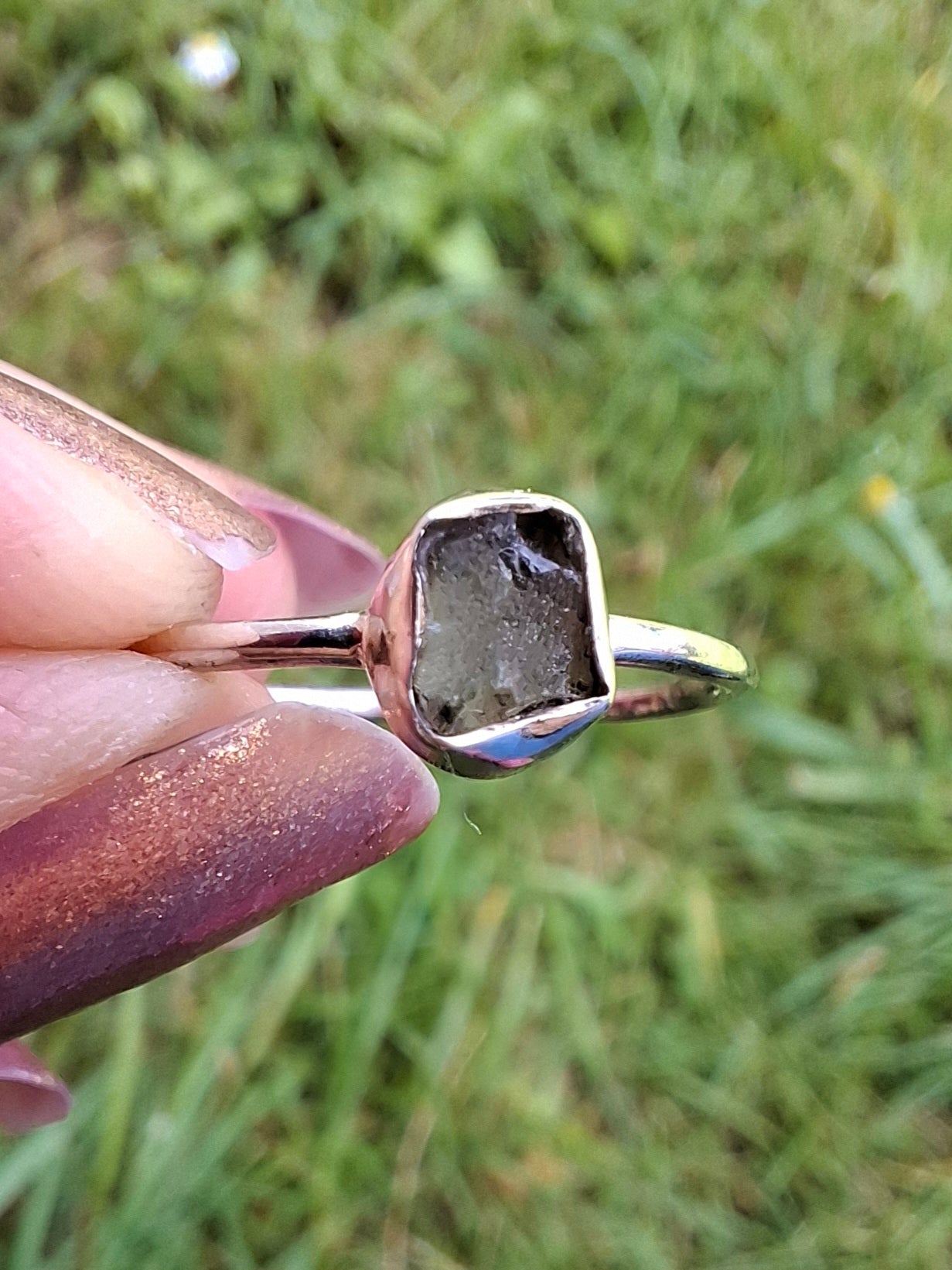 Moldavite Ring, size small Q, 925 Silver, Tektite (Ref: R44)