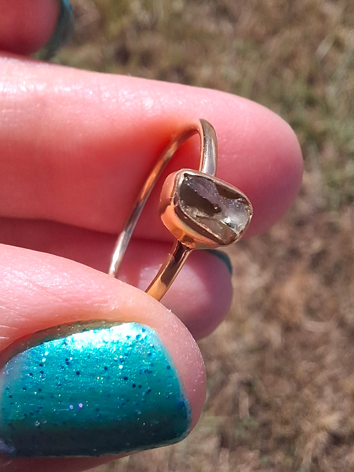 Moldavite Ring, 14K GOLD Plated, size large M, Tektite (Ref: R337)