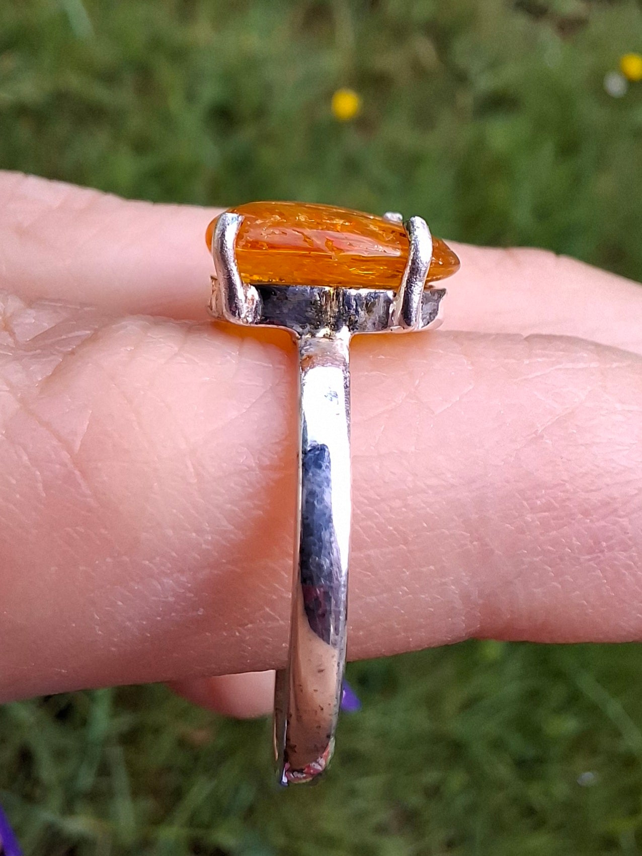 Baltic Amber Ring, size large Q, 925 Silver, Fossil (Ref: AR14)