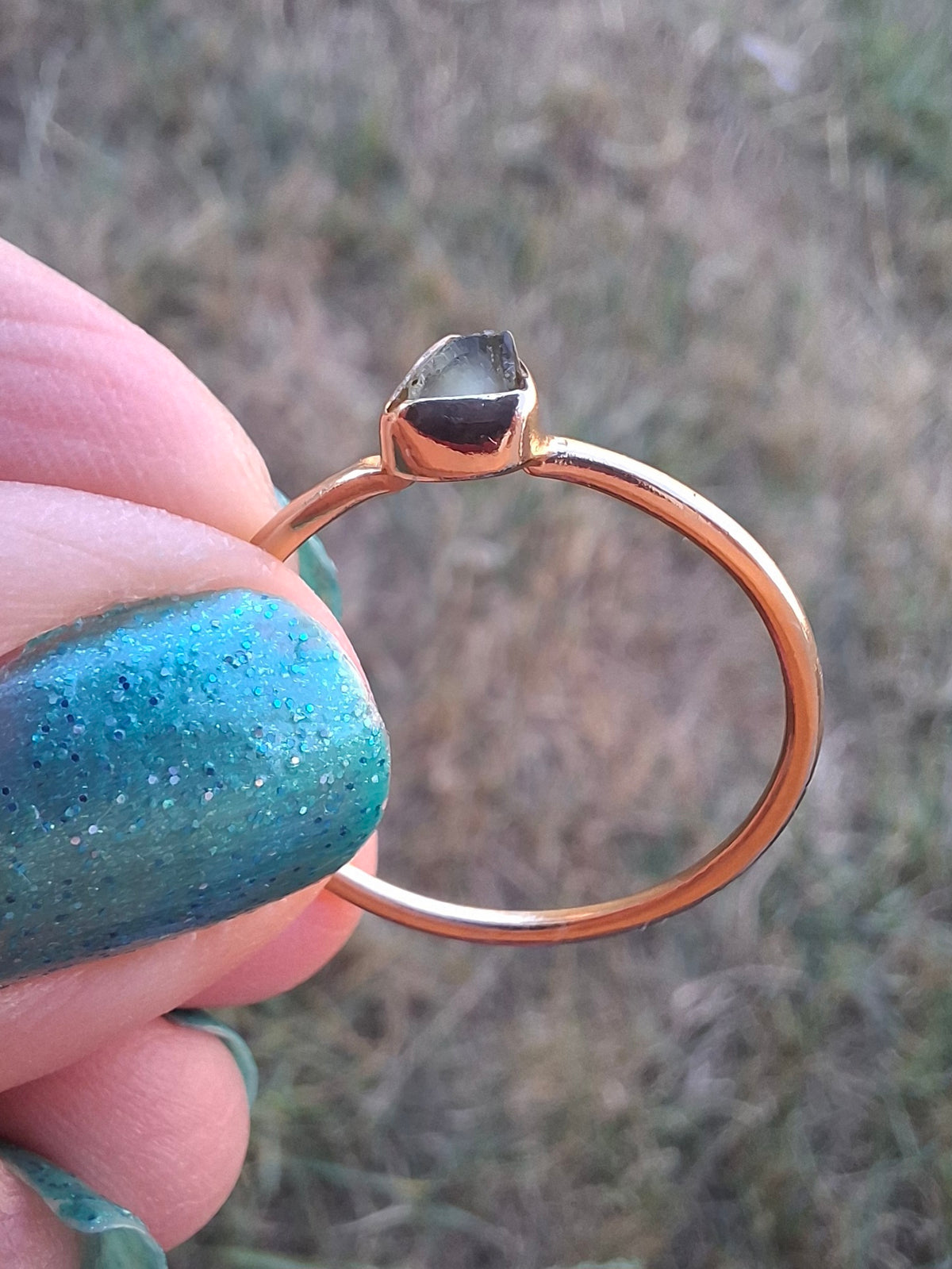 Moldavite Ring, 14K GOLD Plated, size large T, Tektite (Ref: R349)