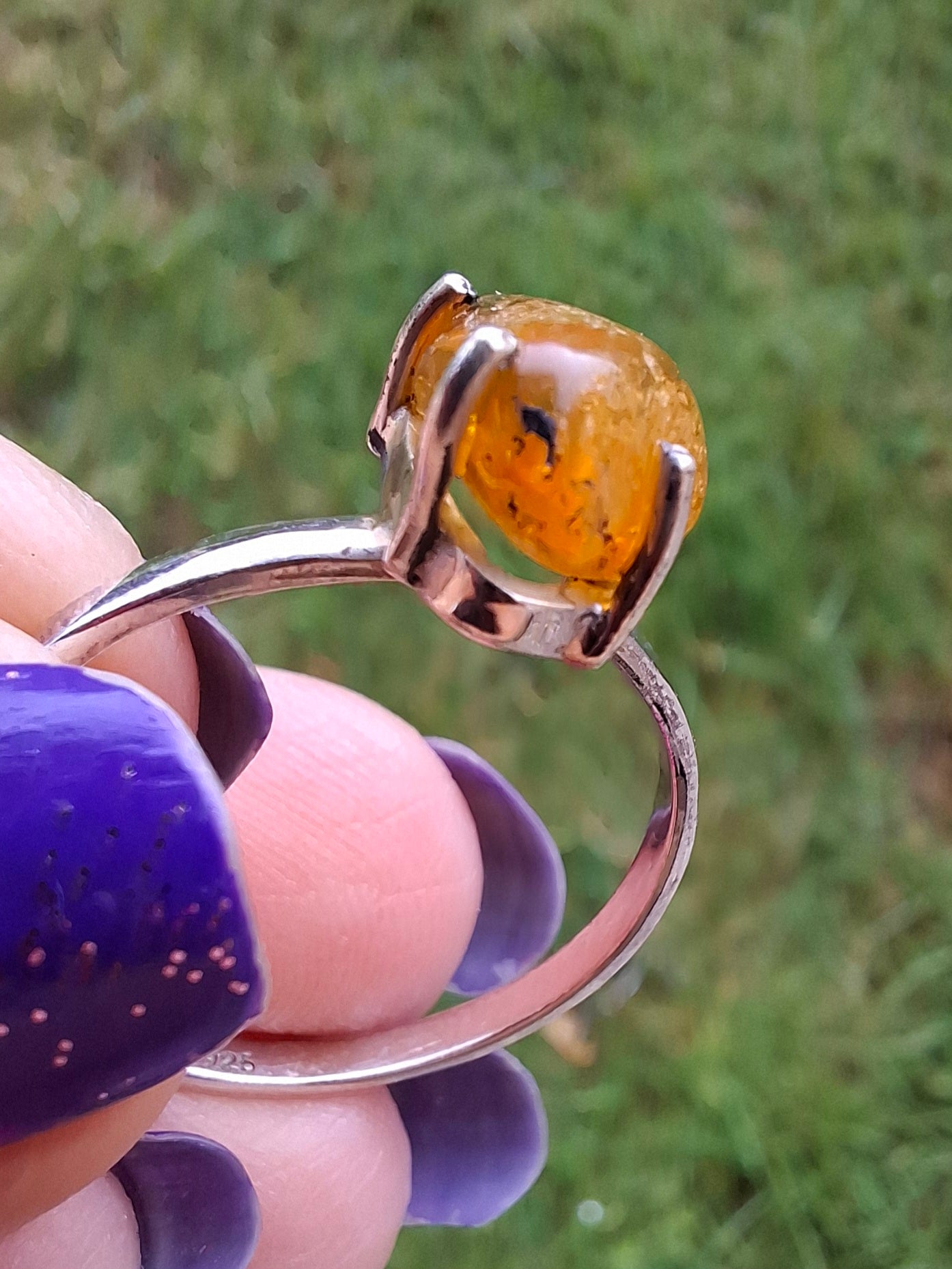 Baltic Amber Ring, size large Y, 925 Silver, Fossil (Ref: AR37)