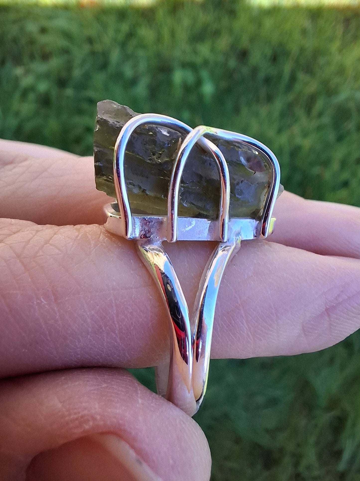Moldavite Ring, size O, 925 Silver, Tektite (Ref: R8)