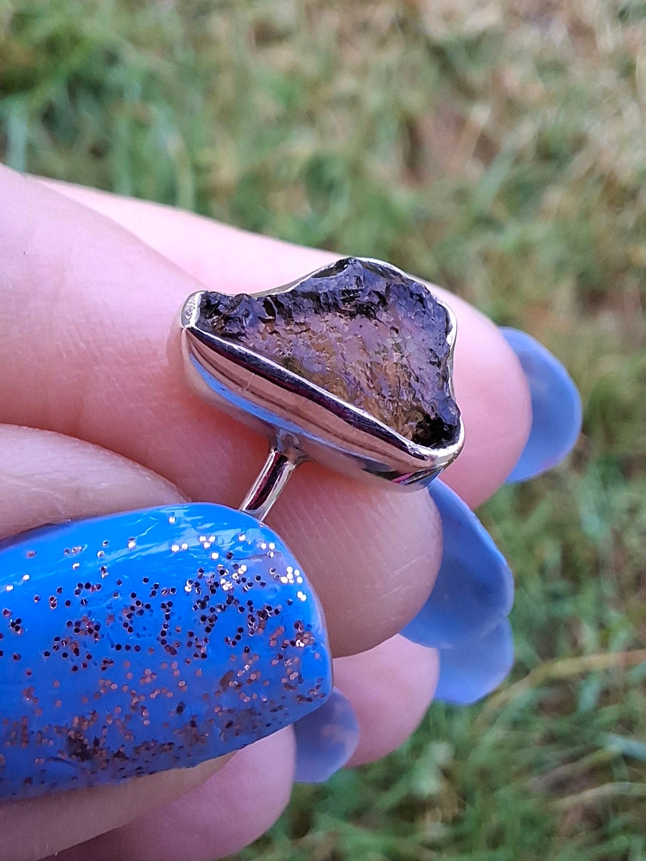 Moldavite Ring, size large M, 925 Silver, Tektite (Ref: R23)