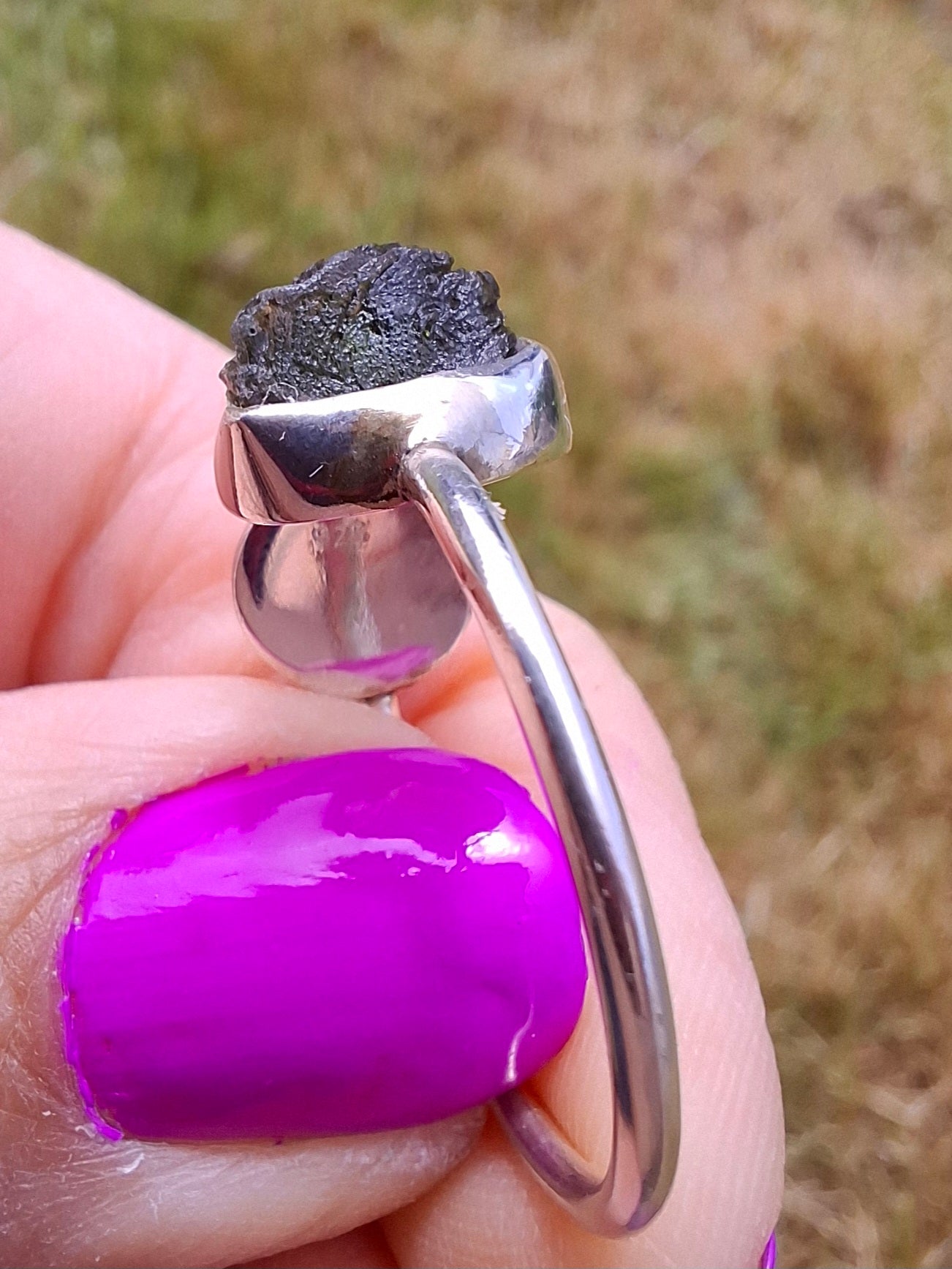 Moldavite ADJUSTABLE Ring, size large V/small W, 925 Silver, Tektite (Ref: AR51)