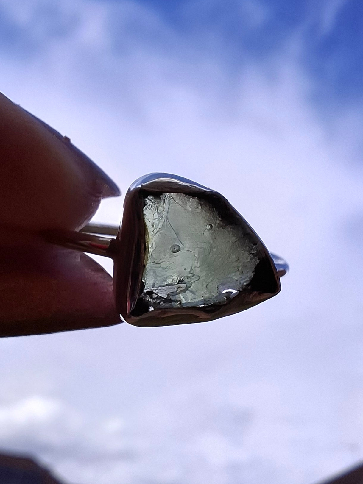 Moldavite Ring, size large T, 925 Silver, Tektite (Ref: R28)