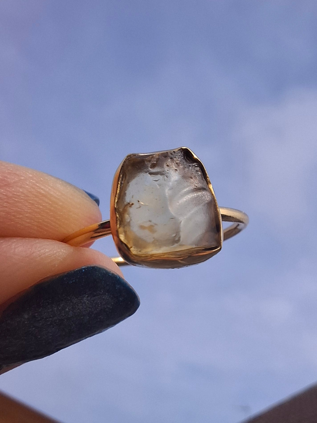 Libyan Desert Glass Ring, 14K GOLD Plated, size large S, Tektite (Ref: LR72)
