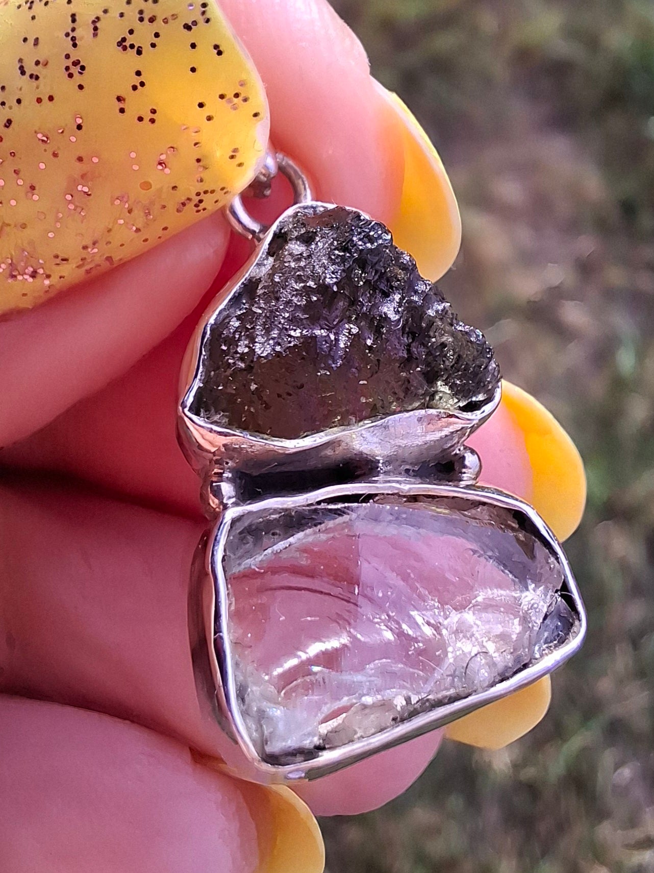 Moldavite & Libyan Desert Glass Pendant, 925 Silver, Tektite (Ref: MLP8)