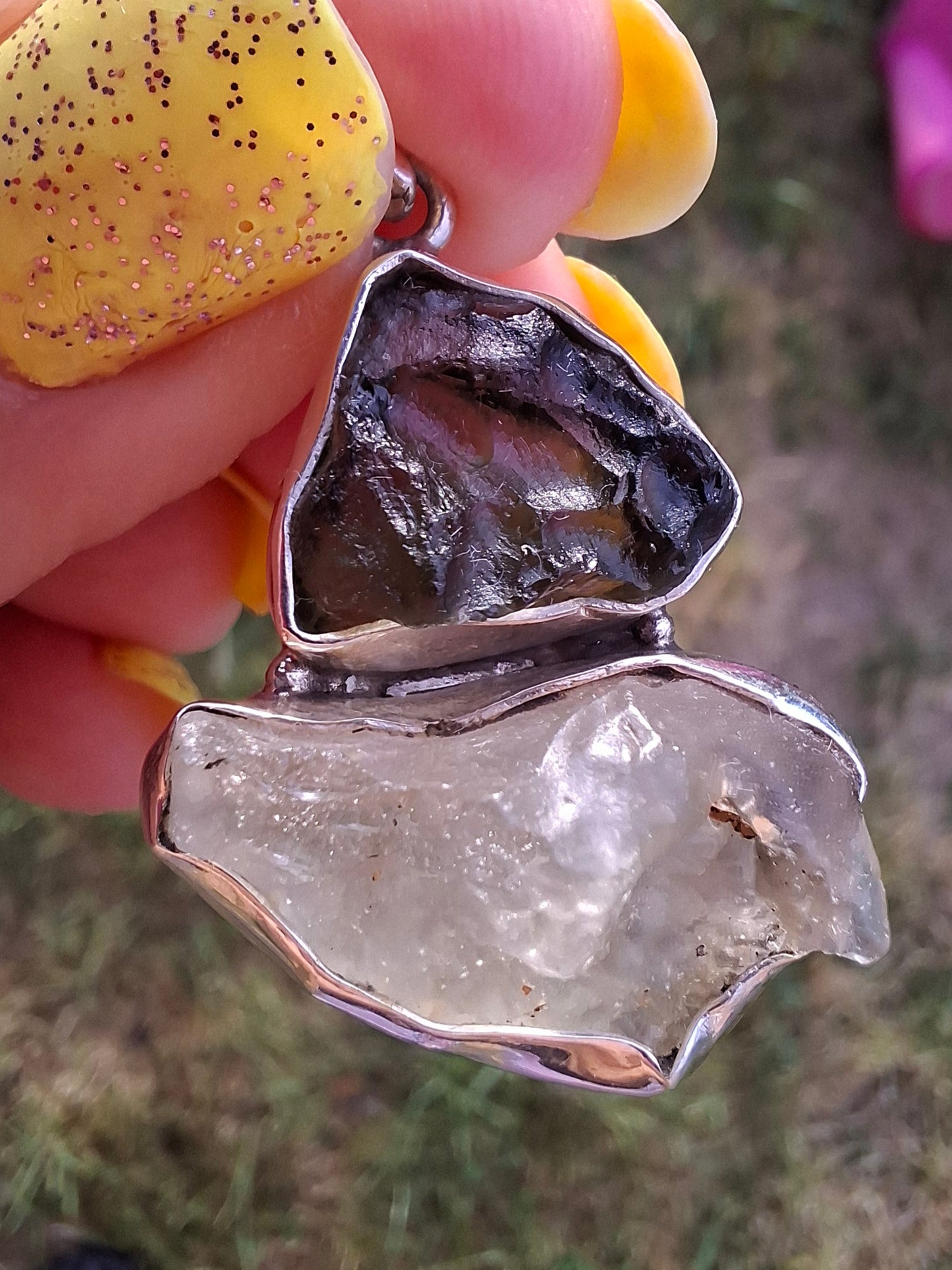 Moldavite & Libyan Desert Glass Pendant, 925 Silver, Tektite (Ref: MLP18)