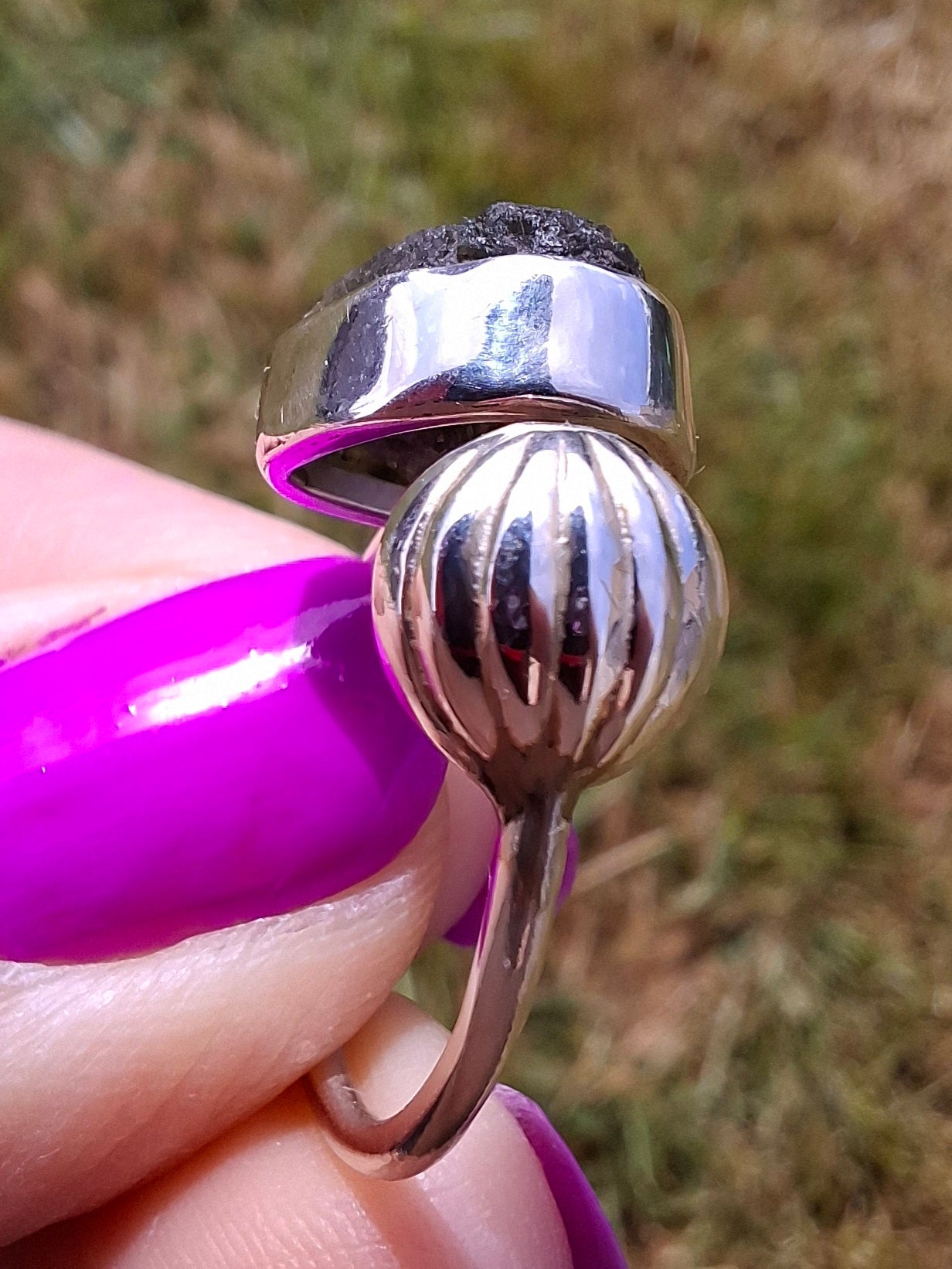 Moldavite ADJUSTABLE Ring, size large N, 925 Silver, Tektite (Ref: AR 39)