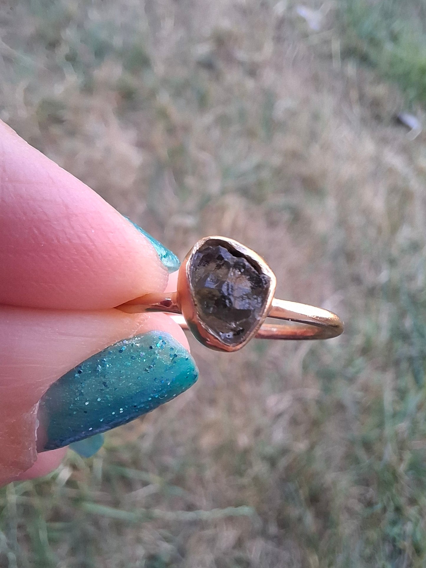 Moldavite Ring, 14K GOLD Plated, size large L, Tektite (Ref: R343)
