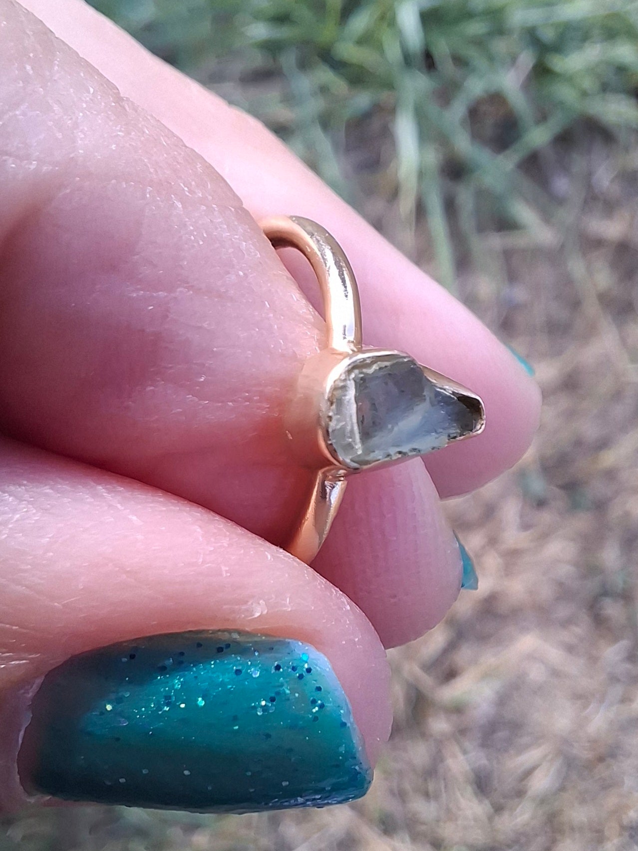 Moldavite Ring, 14K GOLD Plated, size large J, Tektite (Ref: R338)