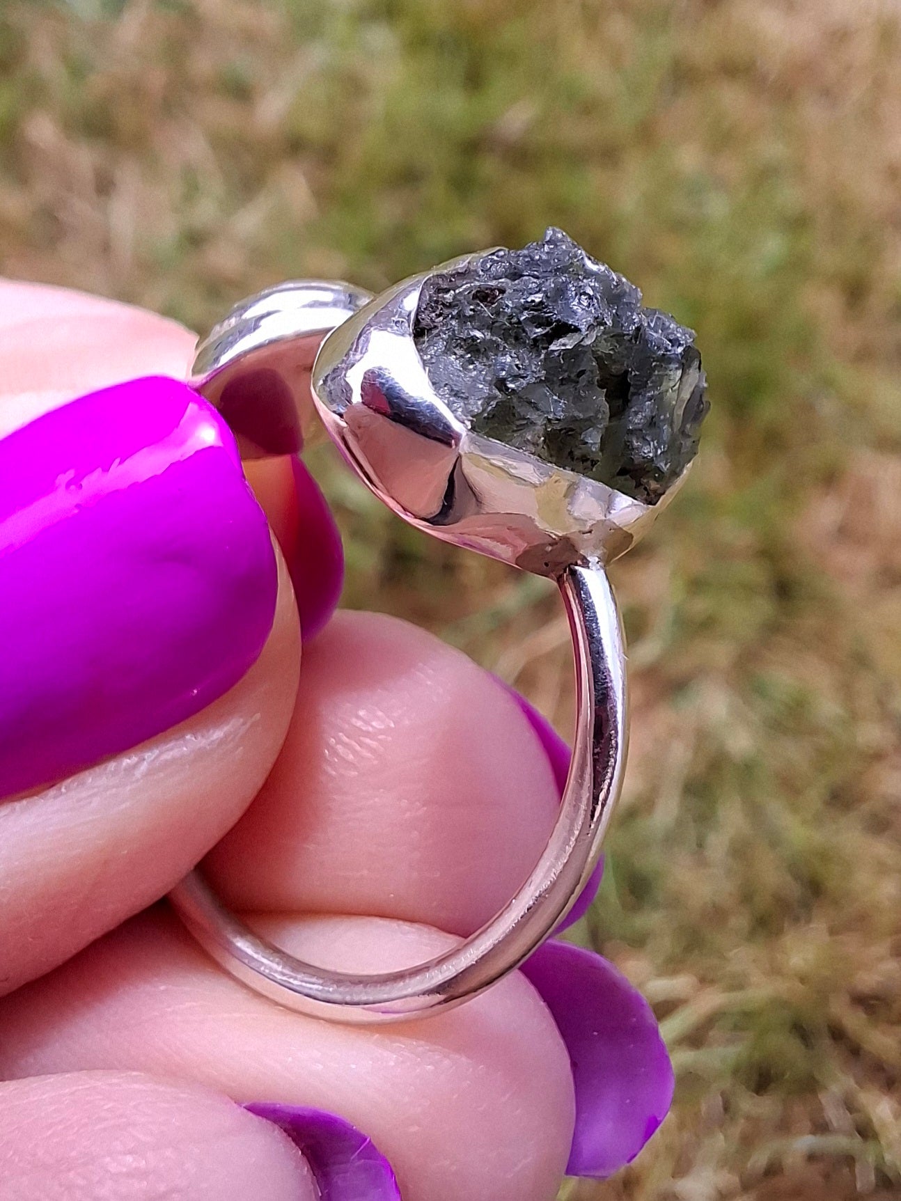 Moldavite ADJUSTABLE Ring, size large R, 925 Silver, Tektite (Ref: AR49)