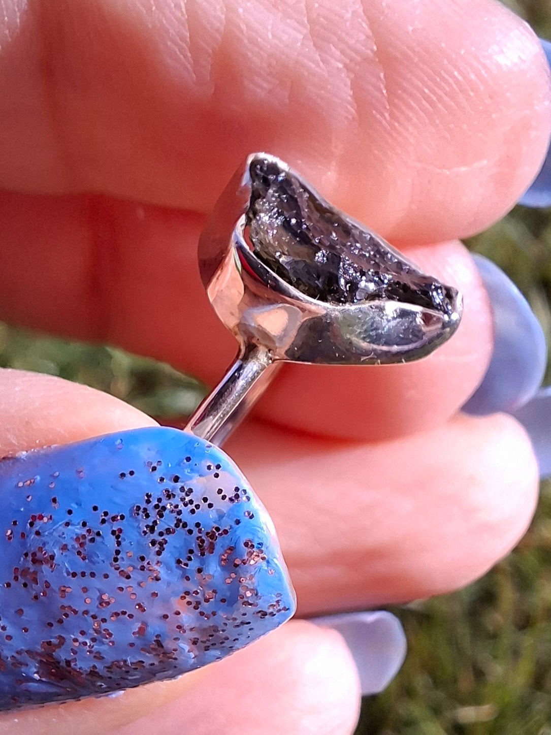 Moldavite Ring, size large M, 925 Silver, Tektite (Ref: R23)