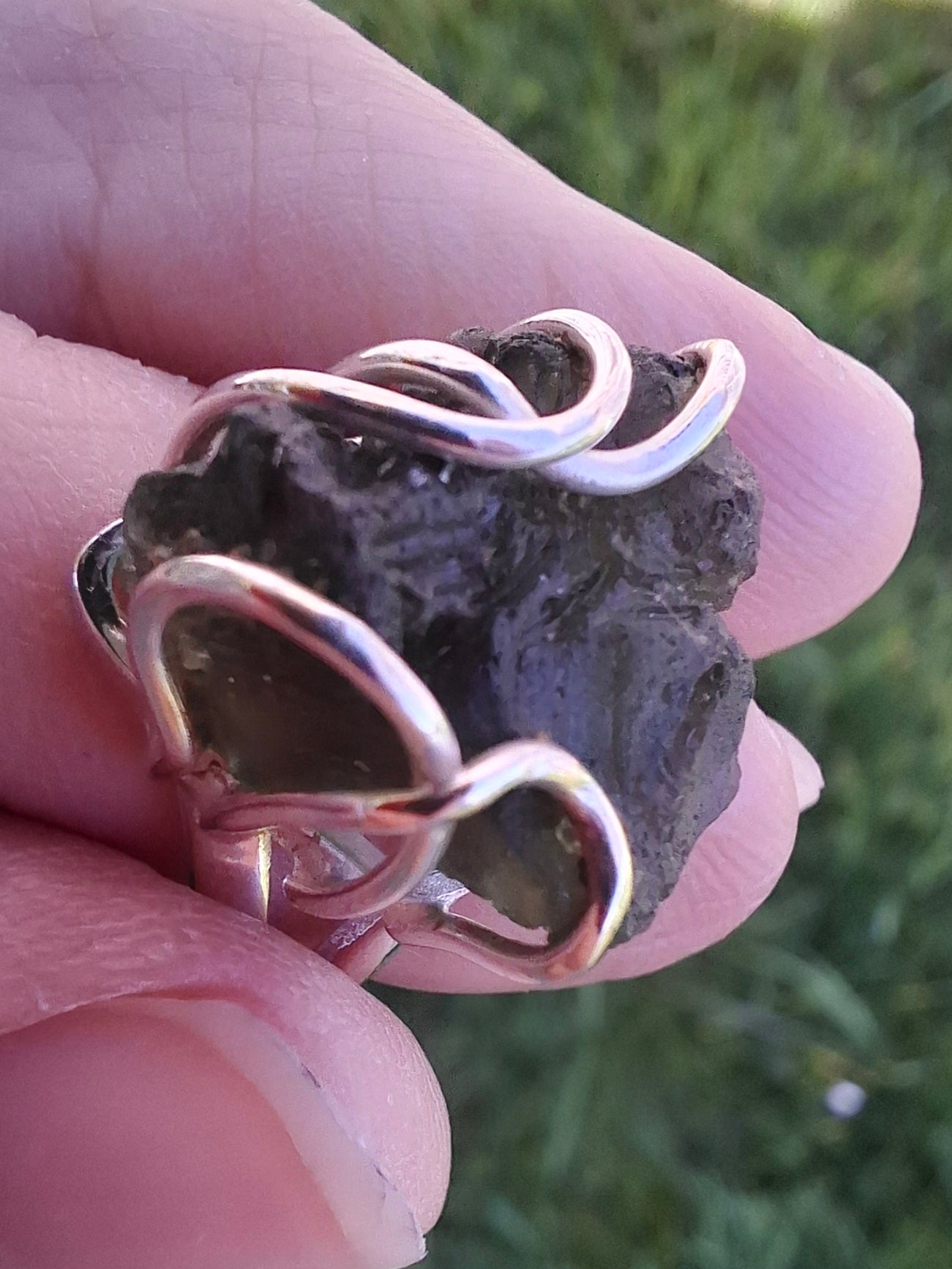 Moldavite Ring, size large L/small M, 925 Silver, Tektite (Ref: R4)
