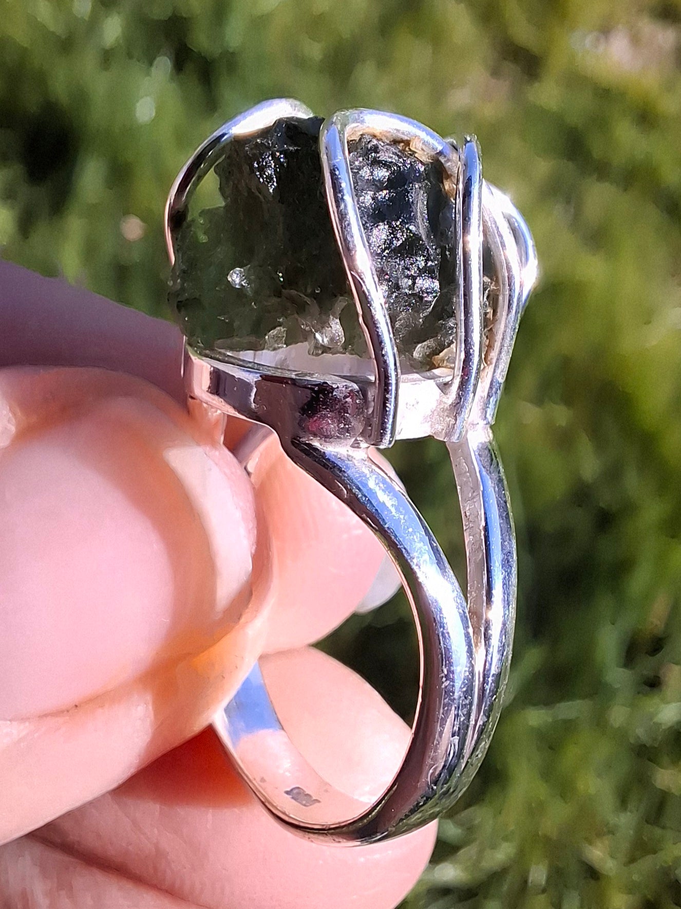 Moldavite Ring, size O, 925 Silver, Tektite (Ref: R7)