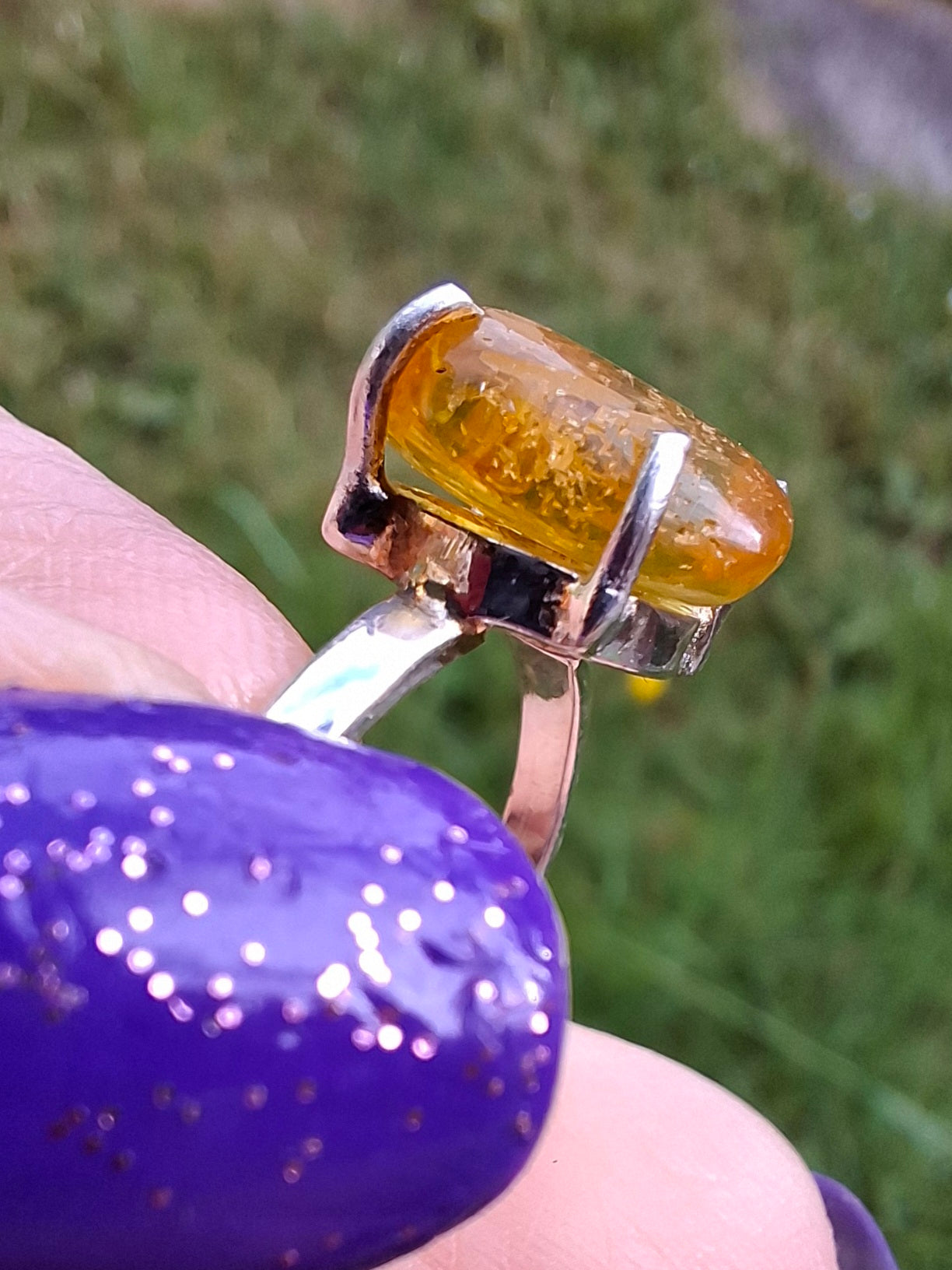 Baltic Amber Ring, size large O, 925 Silver, Fossil (Ref: AR12)