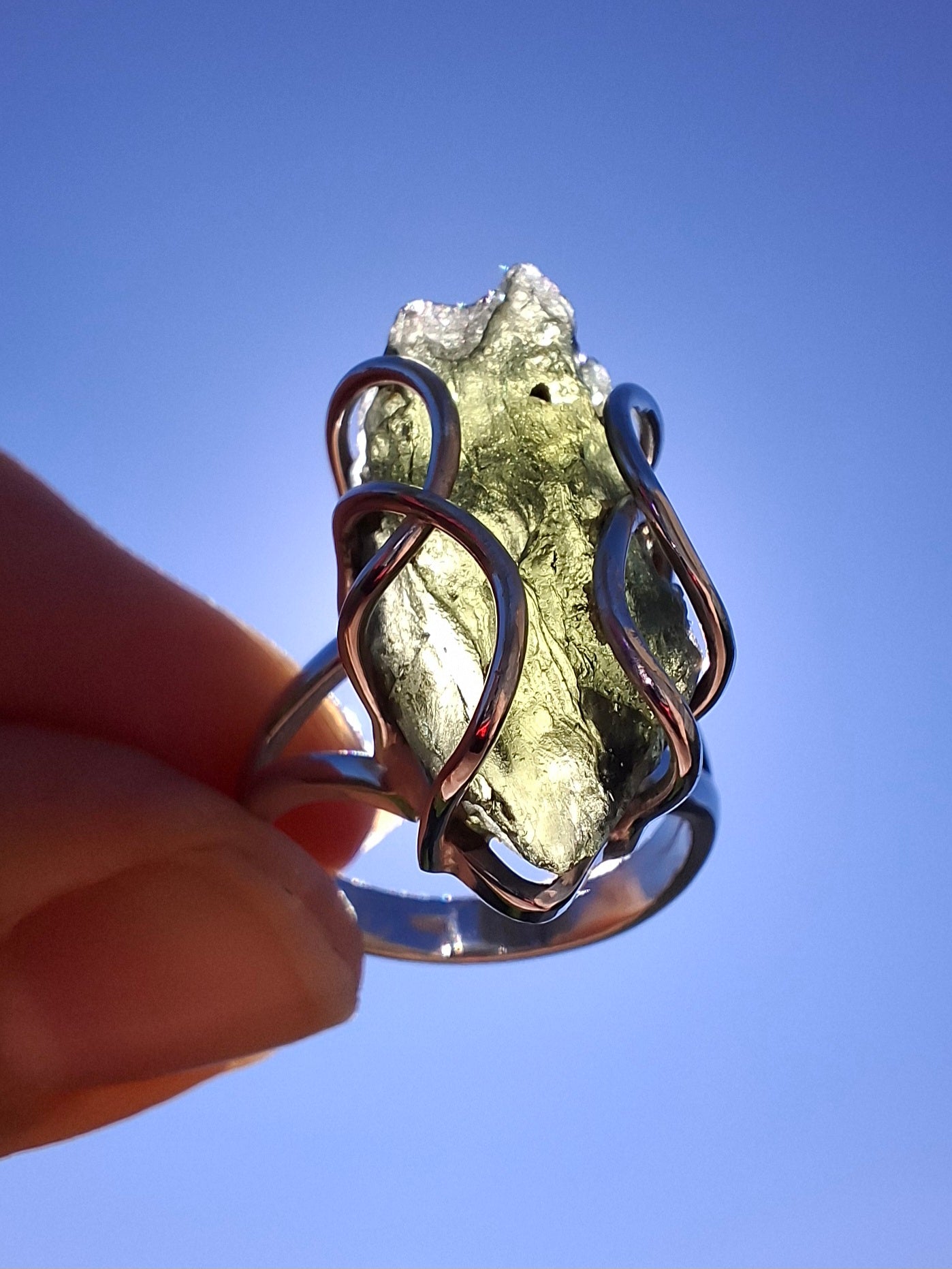 Moldavite Ring, size O, 925 Silver, Tektite (Ref: R8)