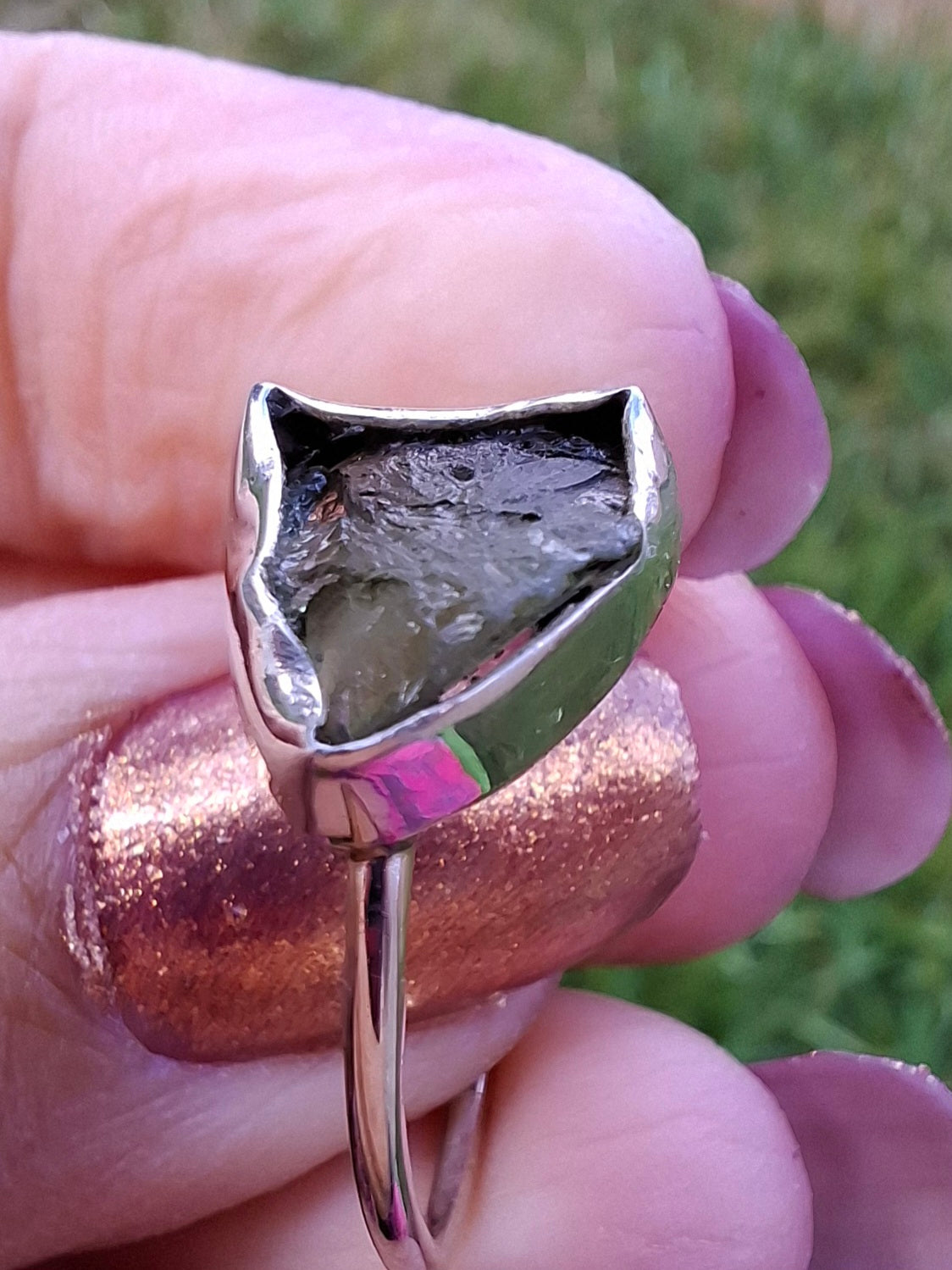Moldavite Ring, size large T, 925 Silver, Tektite (Ref: R28)