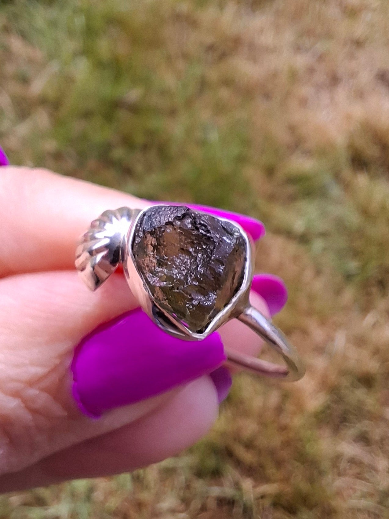 Moldavite ADJUSTABLE Ring, size large V/small W, 925 Silver, Tektite (Ref: AR51)