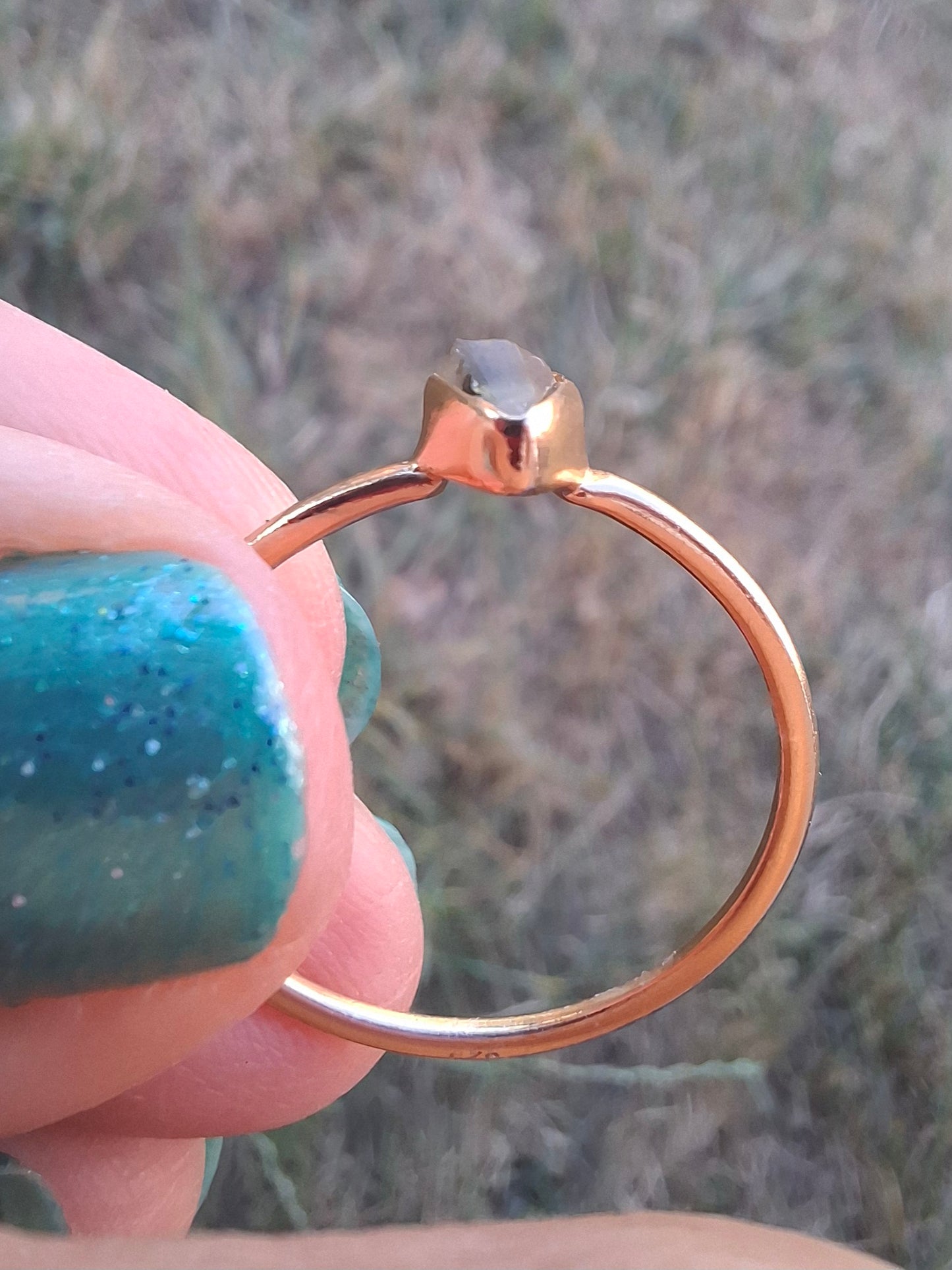 Moldavite Ring, 14K GOLD Plated, size large T, Tektite (Ref: R349)