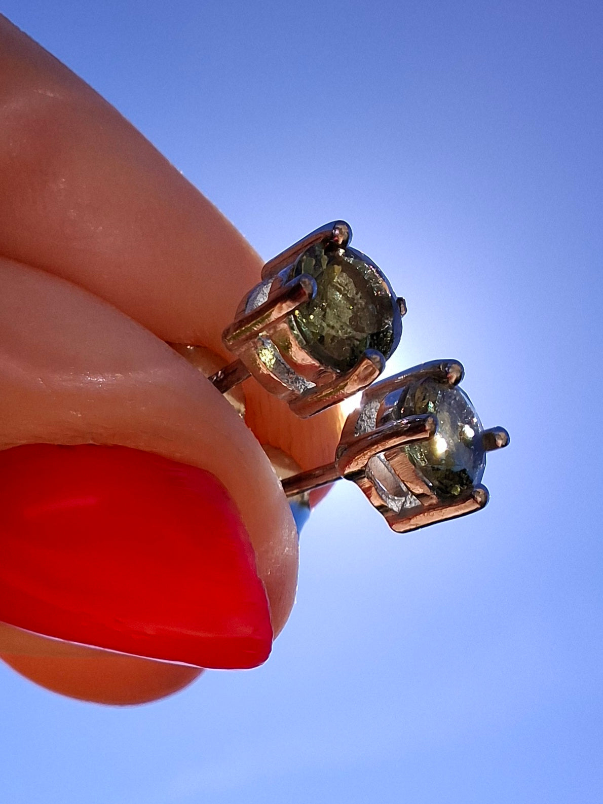 Moldavite (faceted) 5mm STUD EARRINGS, 925 Silver, Tektite (Ref: Pair17)
