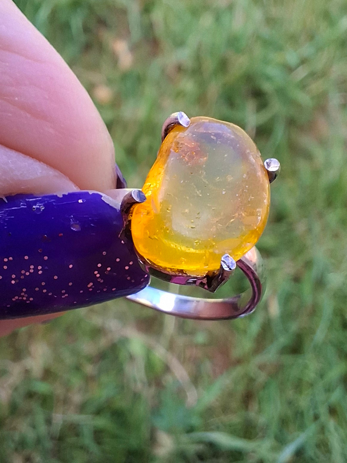 Baltic Amber Ring, size large K, 925 Silver, Fossil (Ref: AR31)
