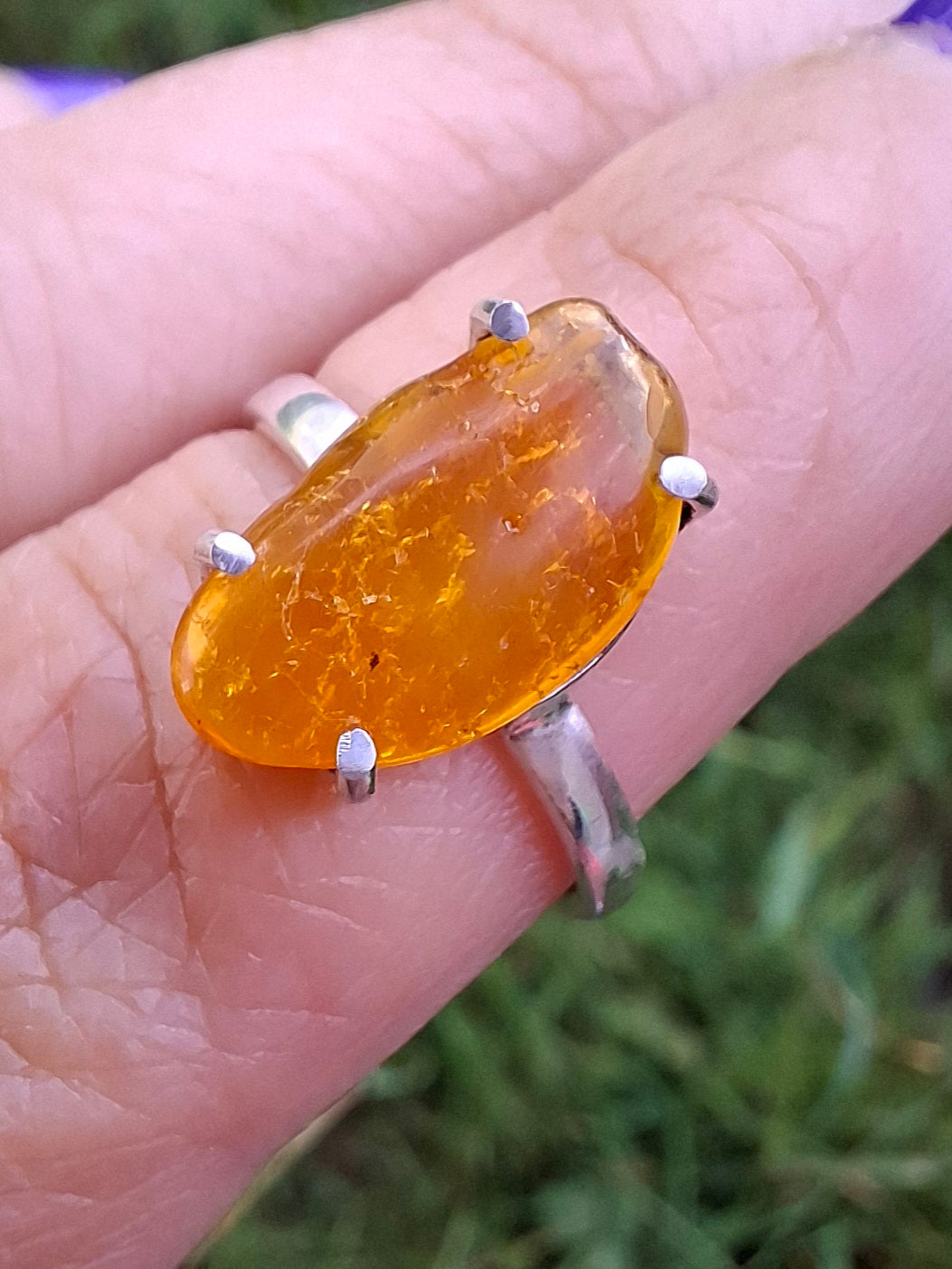 Baltic Amber Ring, size large L, 925 Silver, Fossil (Ref: AR3)