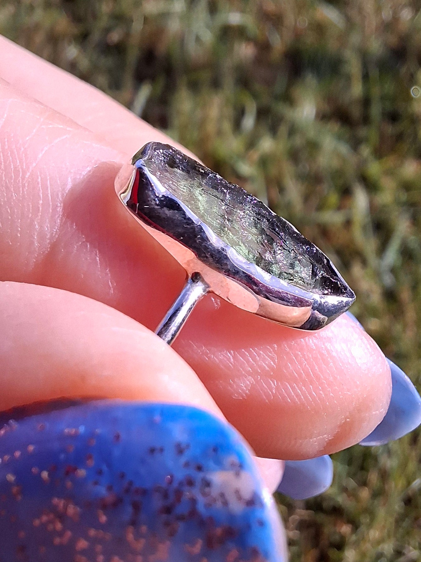 Moldavite Ring, size large R, 925 Silver, Tektite (Ref: R27)