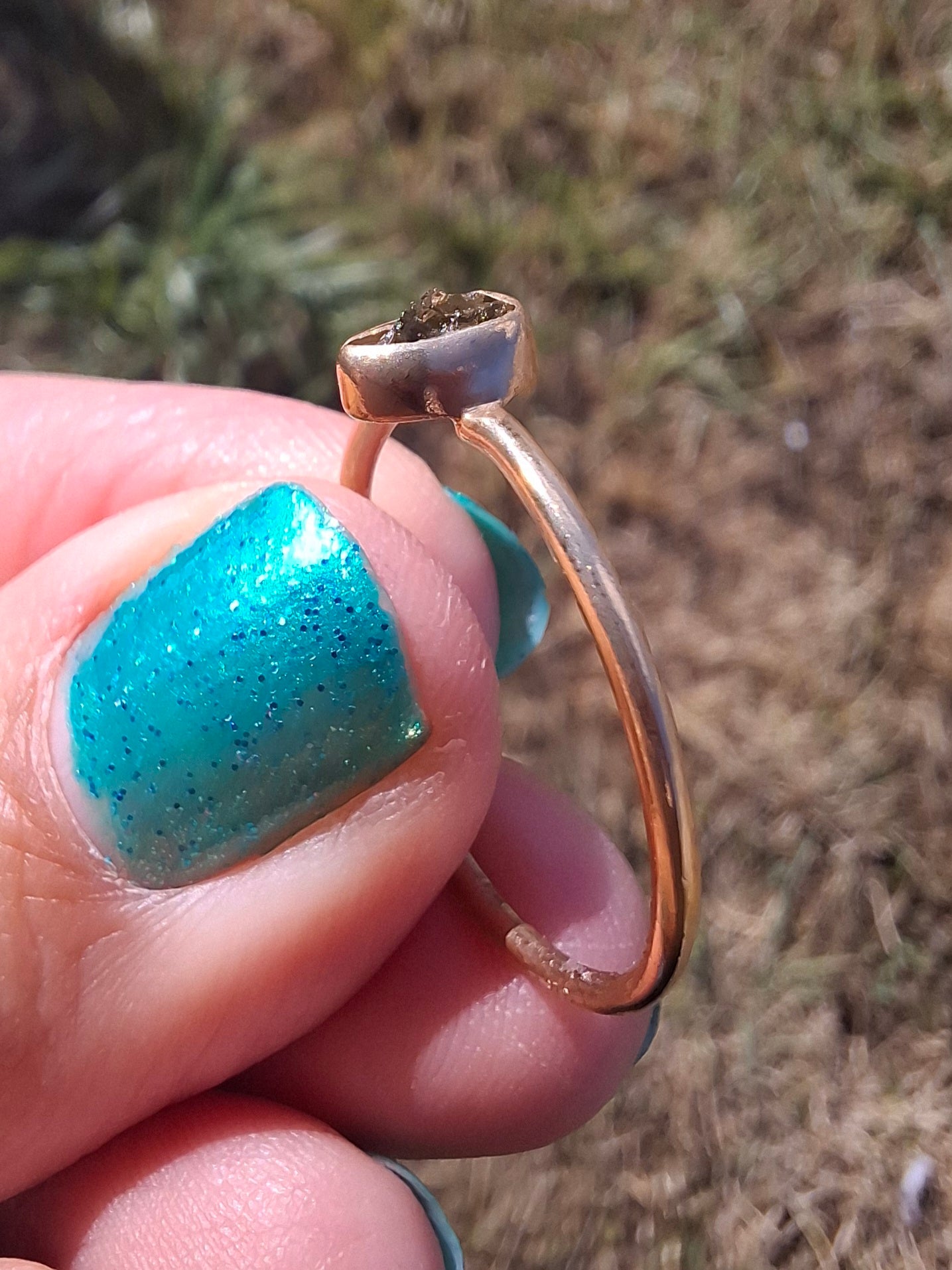 Moldavite Ring, 14K GOLD Plated, size large S, Tektite (Ref: R345)
