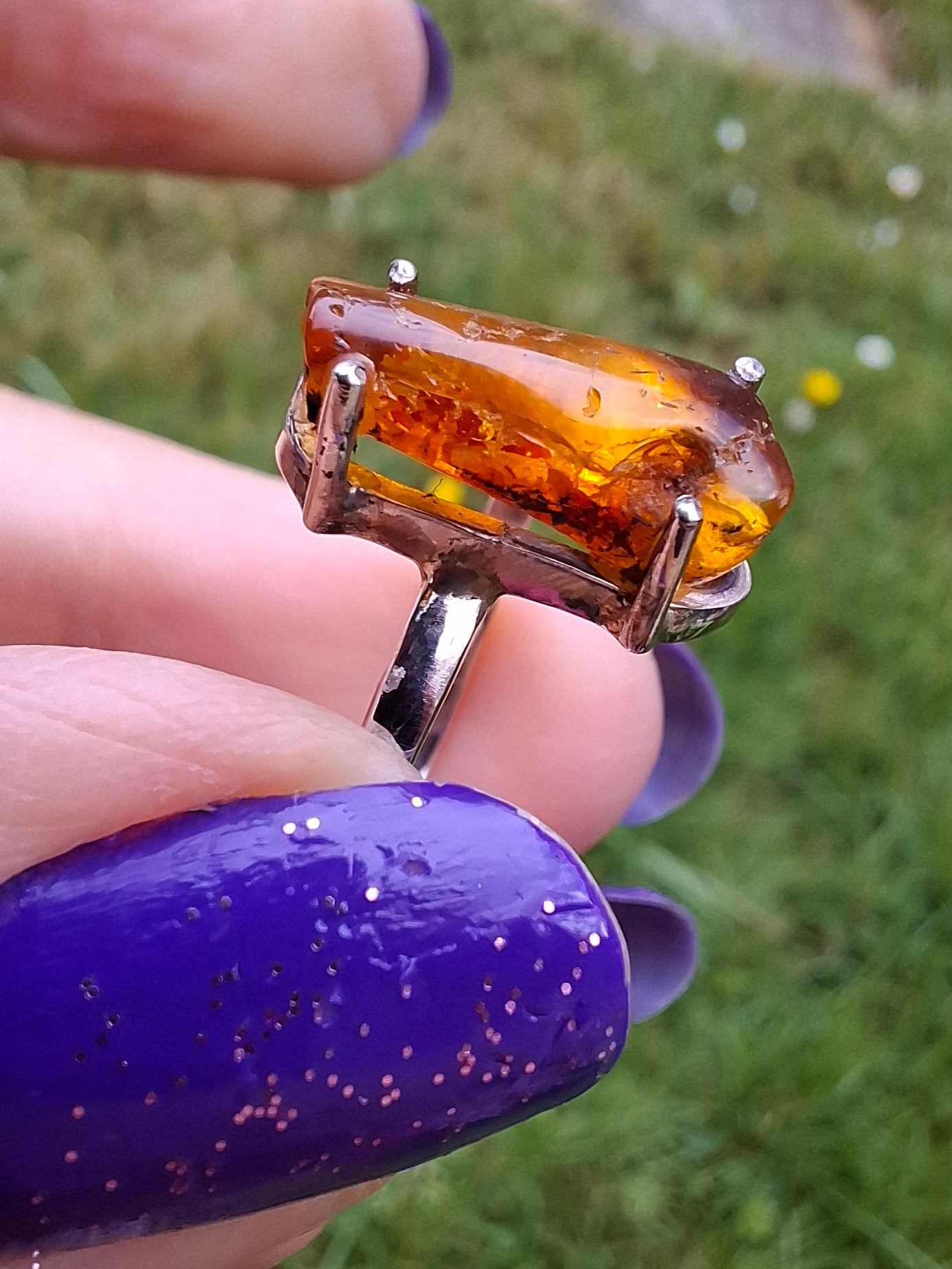 Baltic Amber Ring, size large Y, 925 Silver, Fossil (Ref: AR22)