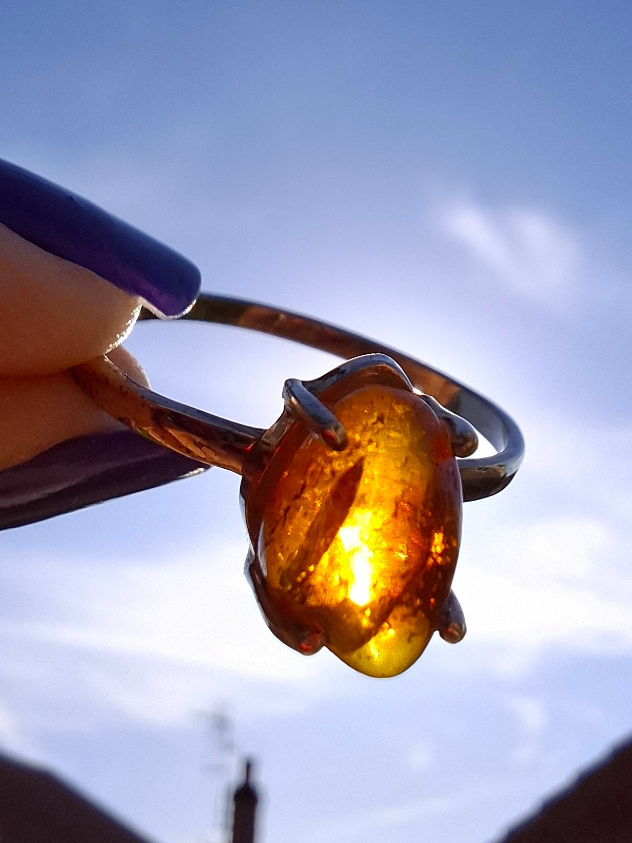 Baltic Amber Ring, size large W, 925 Silver, Fossil (Ref: AR29)