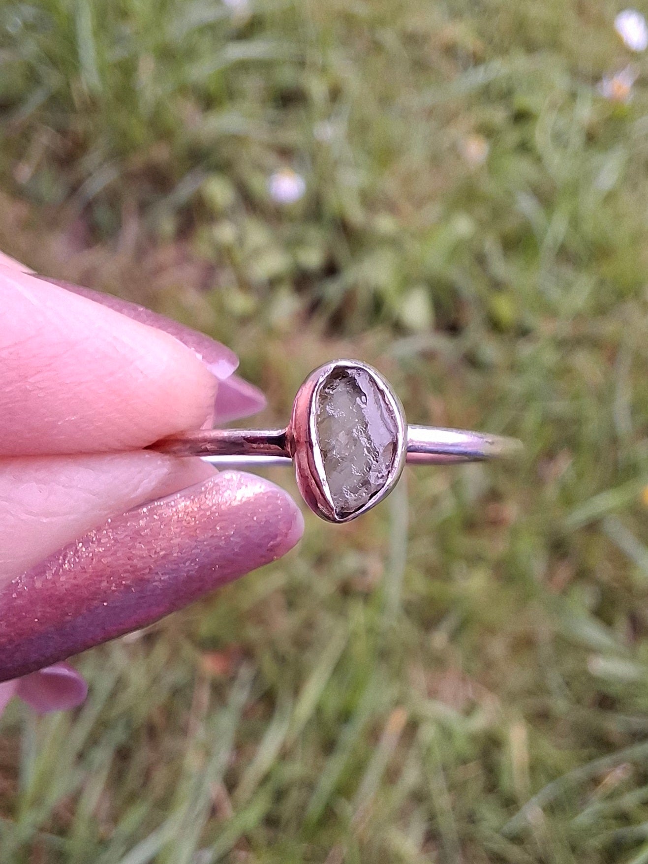 Moldavite Ring, size small T, 925 Silver, Tektite (Ref: R69)