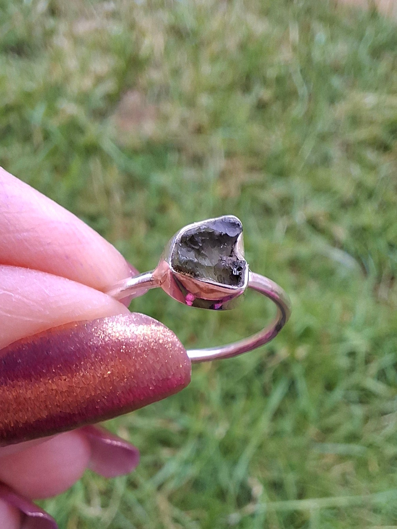 Moldavite Ring, Size small L, 925 Silver, Tektite (Ref: R34)