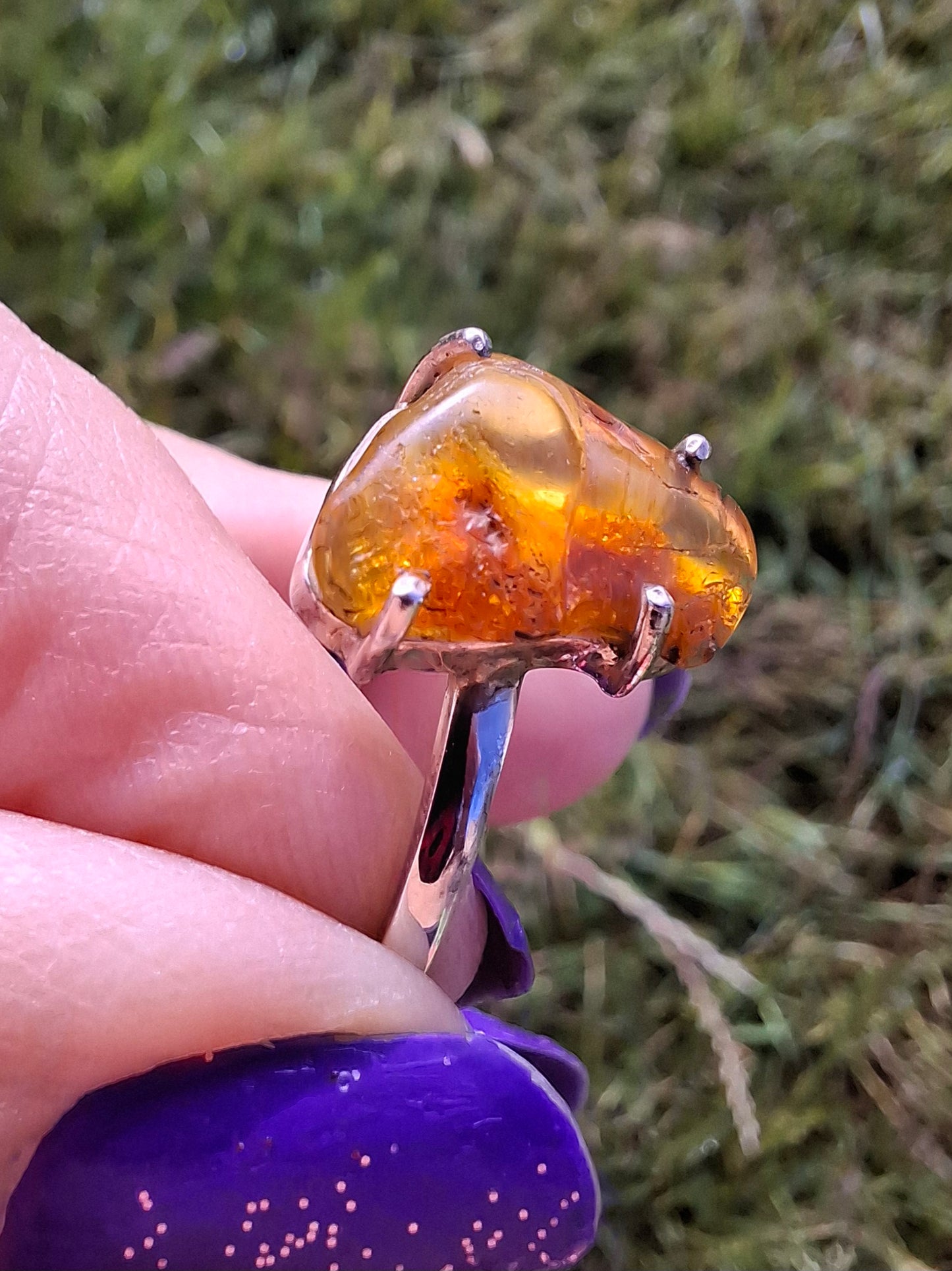 Baltic Amber Ring, size large X, 925 Silver, Fossil (Ref: AR36)