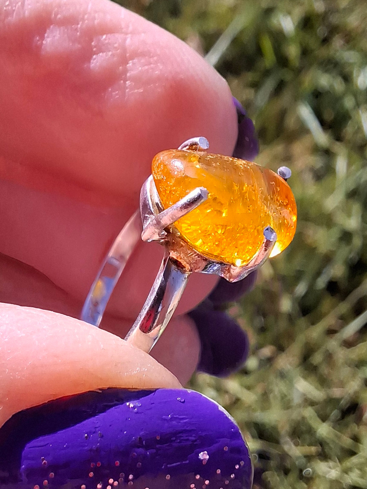 Baltic Amber Ring, size large O, 925 Silver, Fossil (Ref: AR12)