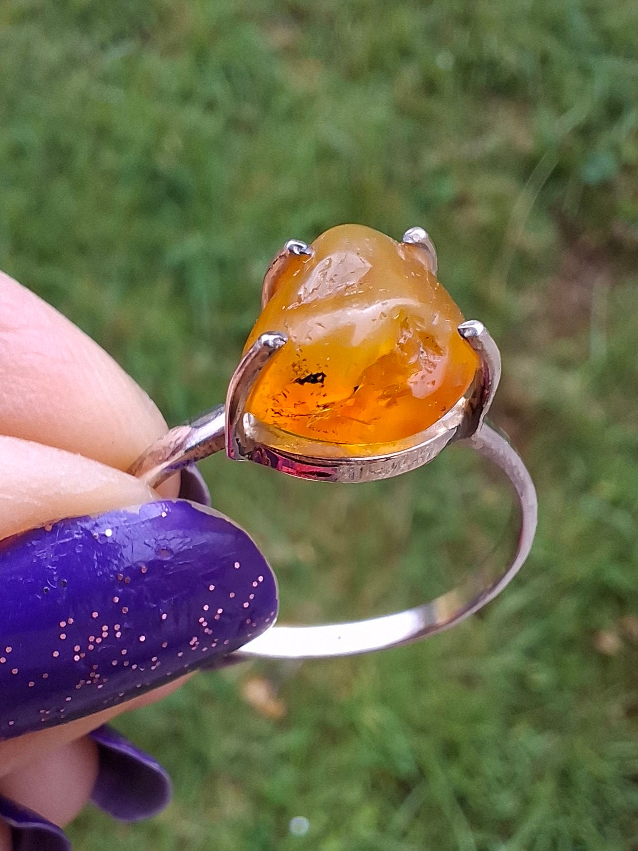 Baltic Amber Ring, size large Y, 925 Silver, Fossil (Ref: AR39)
