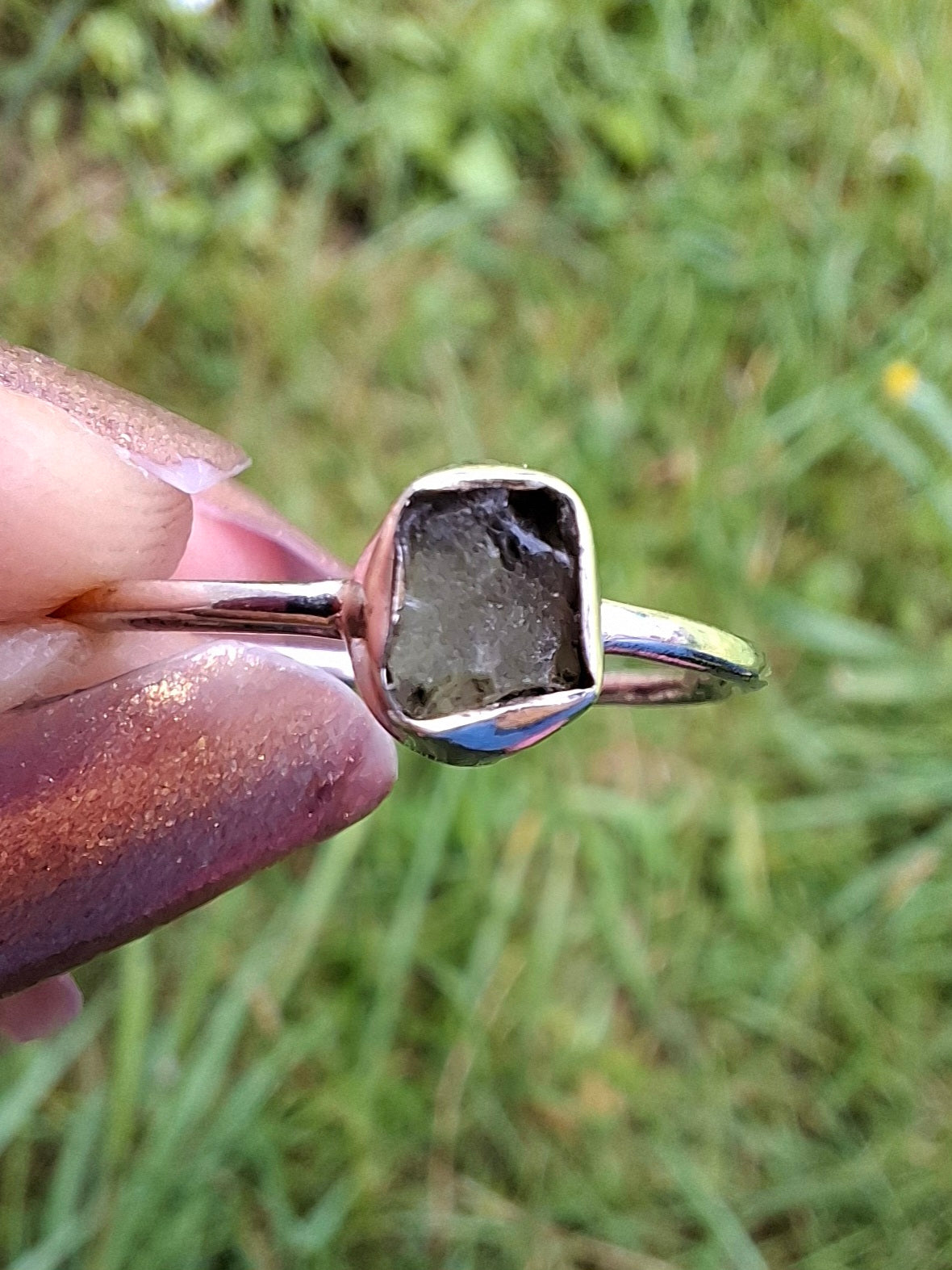 Moldavite Ring, size small Q, 925 Silver, Tektite (Ref: R44)
