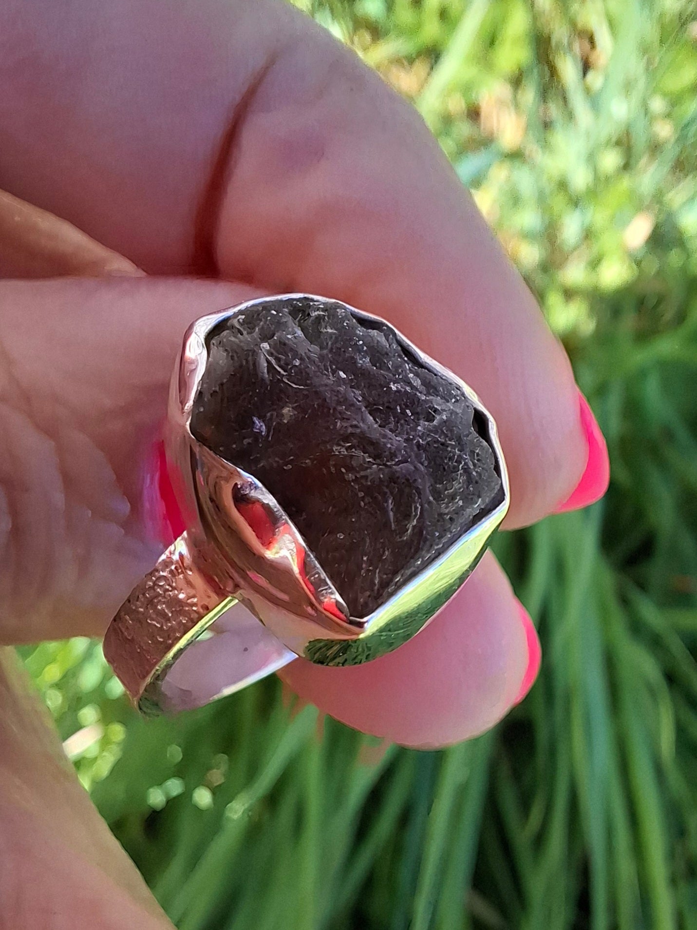 Moldavite Ring, size R, 925 Silver, Tektite (Ref: R318)