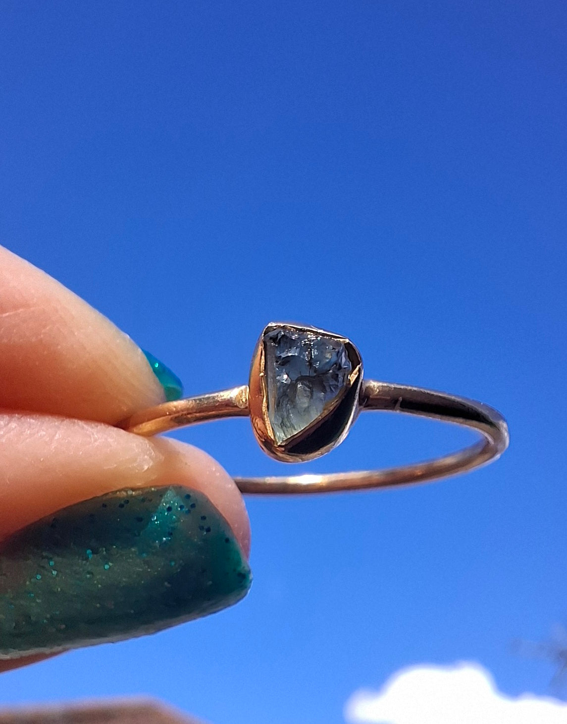 Moldavite Ring, 14K GOLD Plated, size large S / small T, Tektite (Ref: R352)
