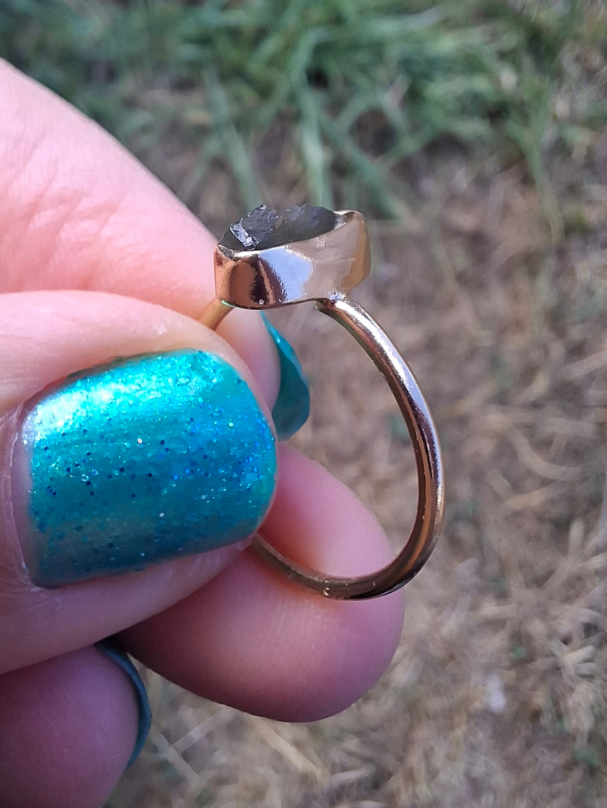 Moldavite Ring, 14K GOLD Plated, size large K / small L, Tektite (Ref: R335)