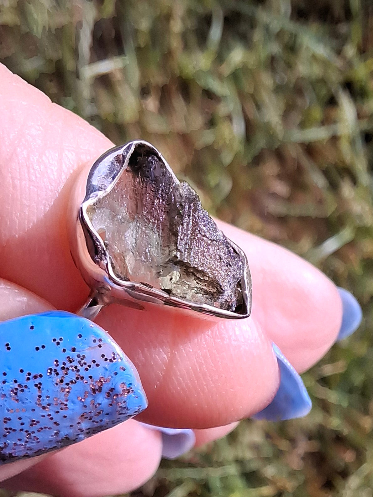 Moldavite Ring, size large G/small H, 925 Silver, Tektite (Ref: R19)