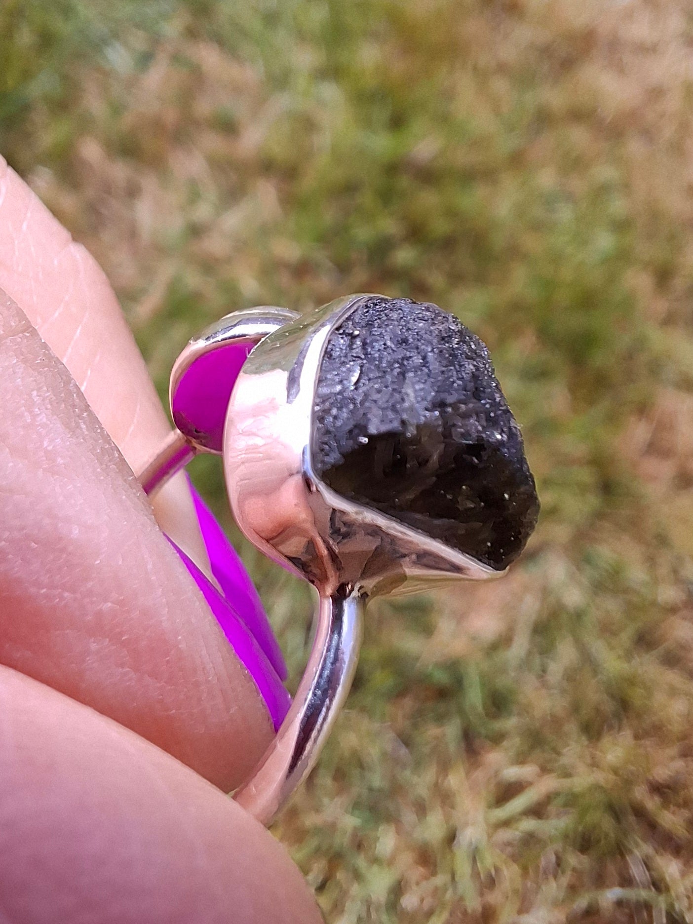 Moldavite ADJUSTABLE Ring, size large N, 925 Silver, Tektite (Ref: AR 39)