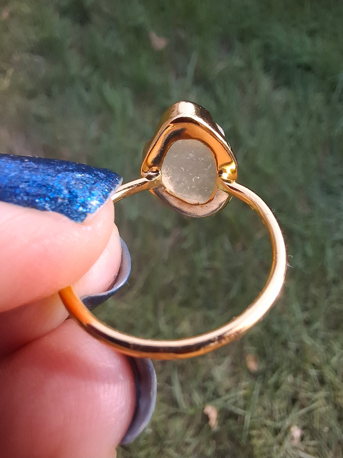 Libyan Desert Glass Ring, 14K GOLD Plated, size large P/small Q, Tektite (Ref: LR73)