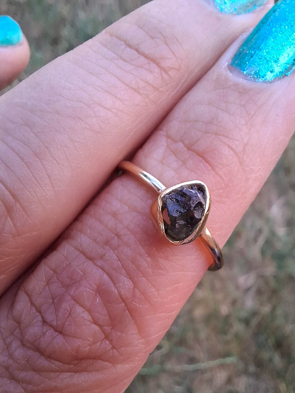 Moldavite Ring, 14K GOLD Plated, size large L, Tektite (Ref: R343)