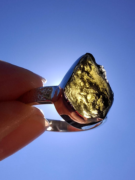 Moldavite Ring, size U, 925 Silver, Tektite (Ref: R323)