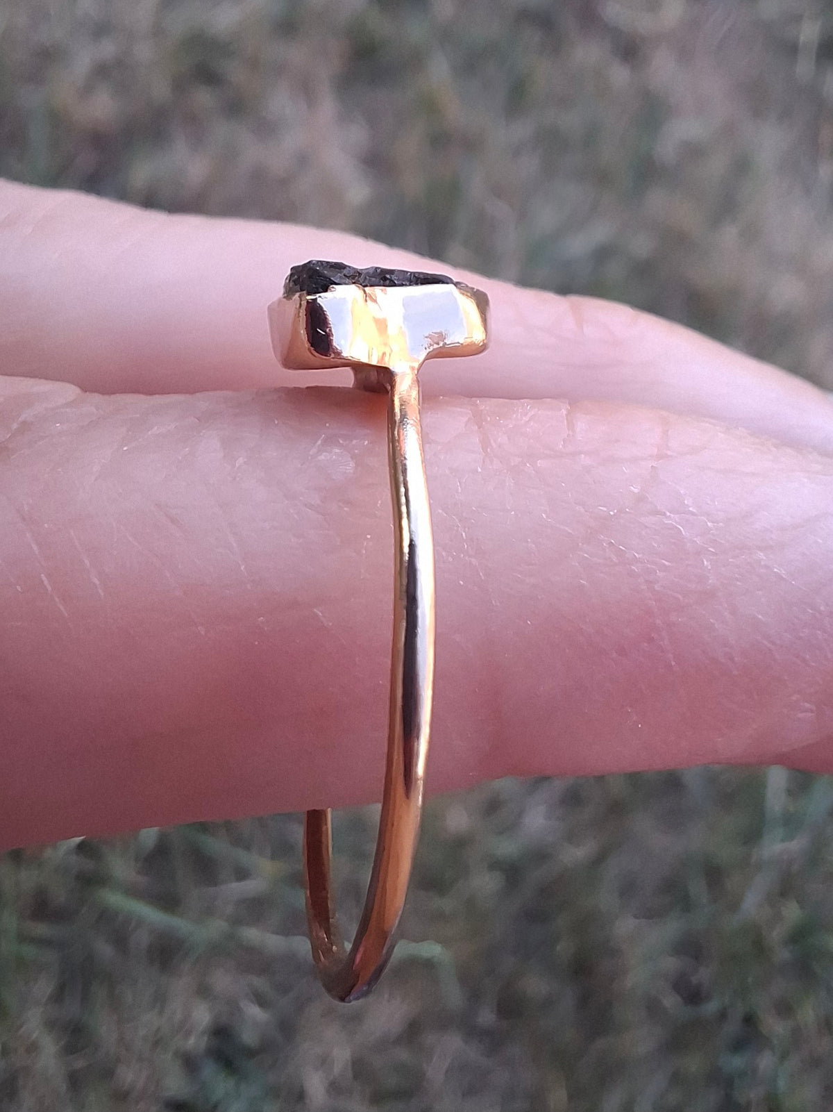 Moldavite Ring, 14K GOLD Plated, size large U, Tektite (Ref: R351)