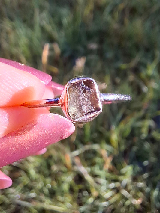 Moldavite Ring, size small Q, 925 Silver, Tektite (Ref: R44)