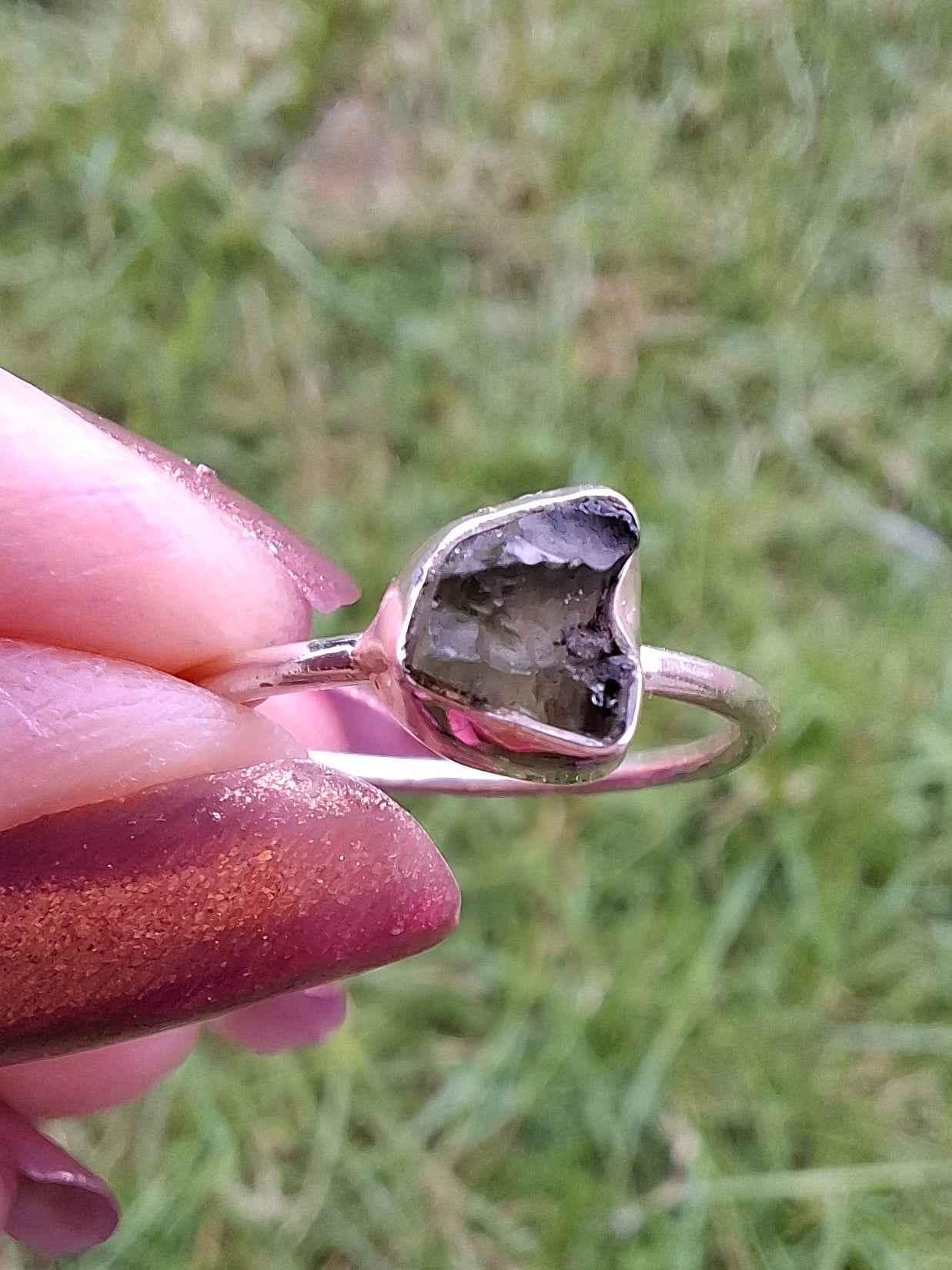 Moldavite Ring, Size small L, 925 Silver, Tektite (Ref: R34)