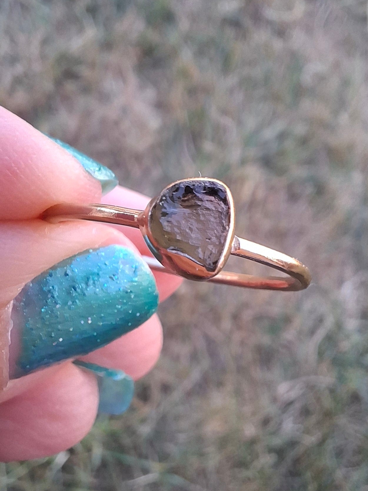 Moldavite Ring, 14K GOLD Plated, size U, Tektite (Ref: R348)