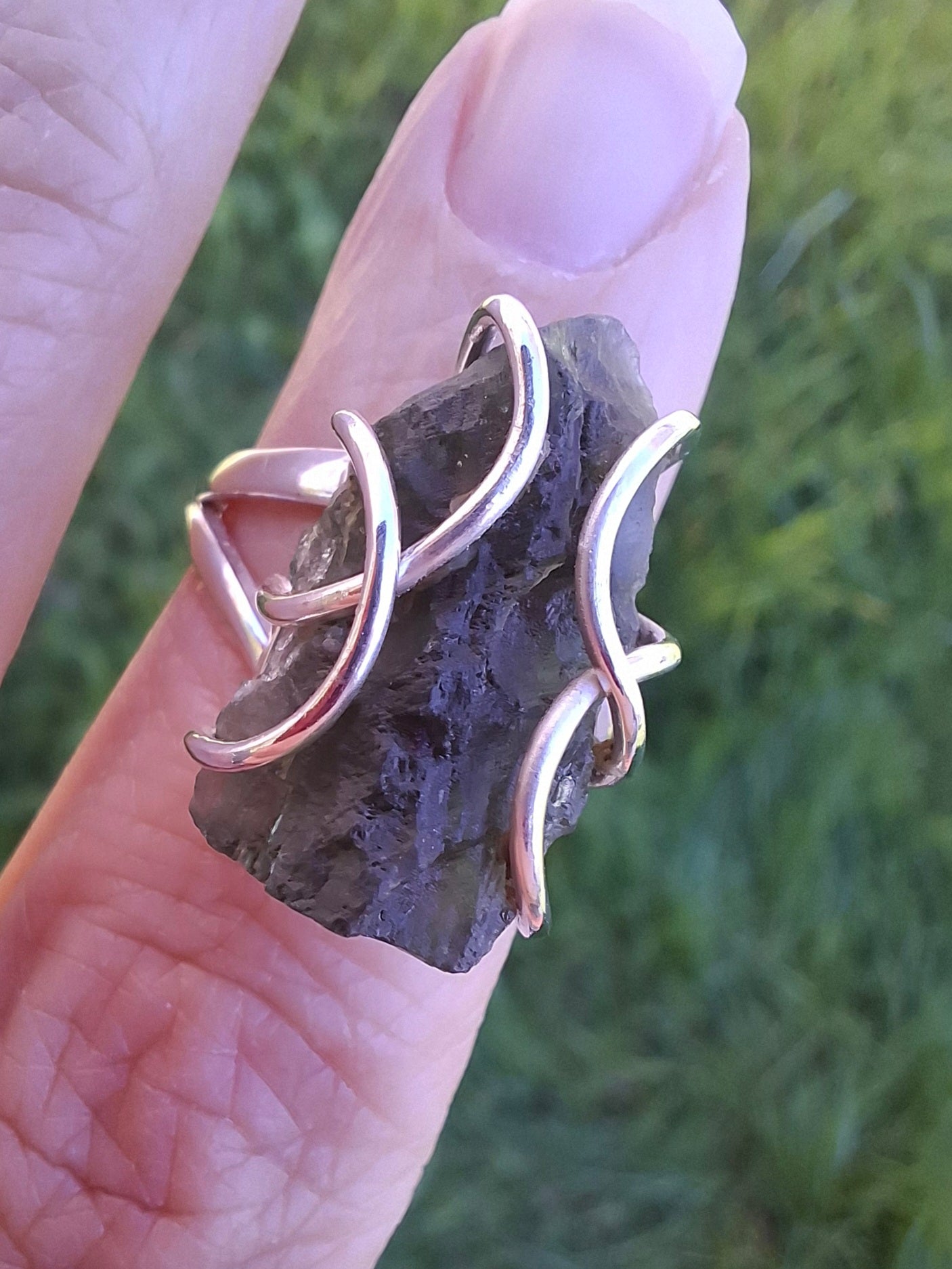 Moldavite Ring, size O, 925 Silver, Tektite (Ref: R8)
